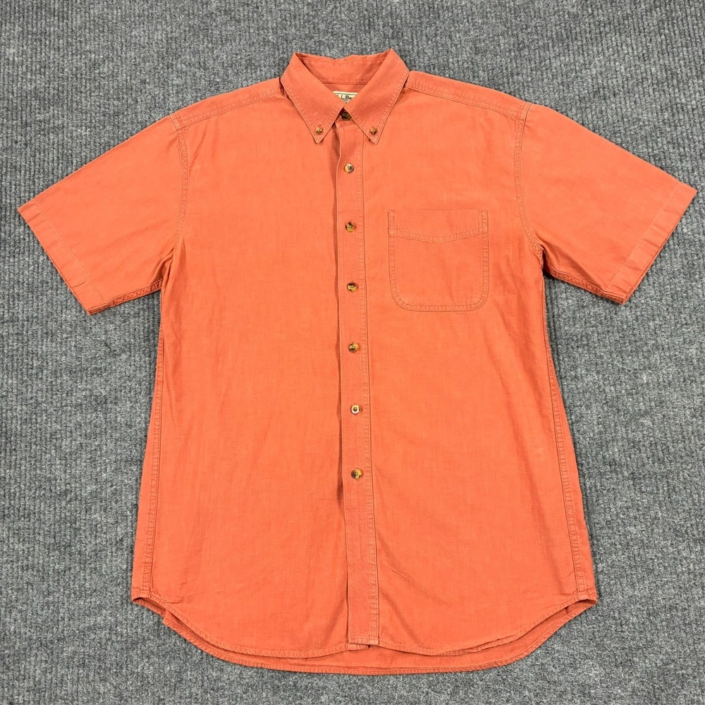 LL Bean Mens Button Down Shirt M Regular Orange Short Sleeve 100% Cotton